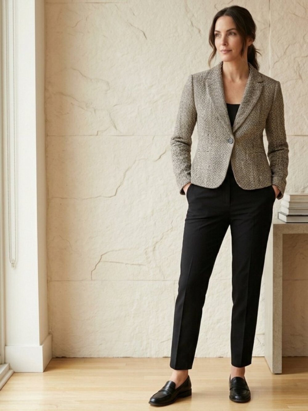 Classic Black and Cream Tweed Blazer from  Amanda & Chelsea, Size Large